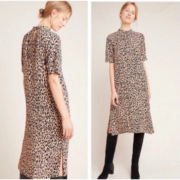 By Anthropologie MacKenzie Leopard Print Midi Shift Dress Small Mock Neck V27 - Picture 1 of 8